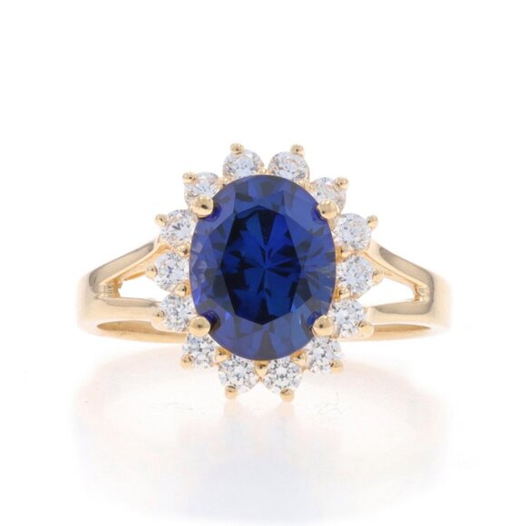 Yellow Gold Lab-Created Sapphire & Cubic Zirconia Halo Ring - 14k Oval 2.62ctw